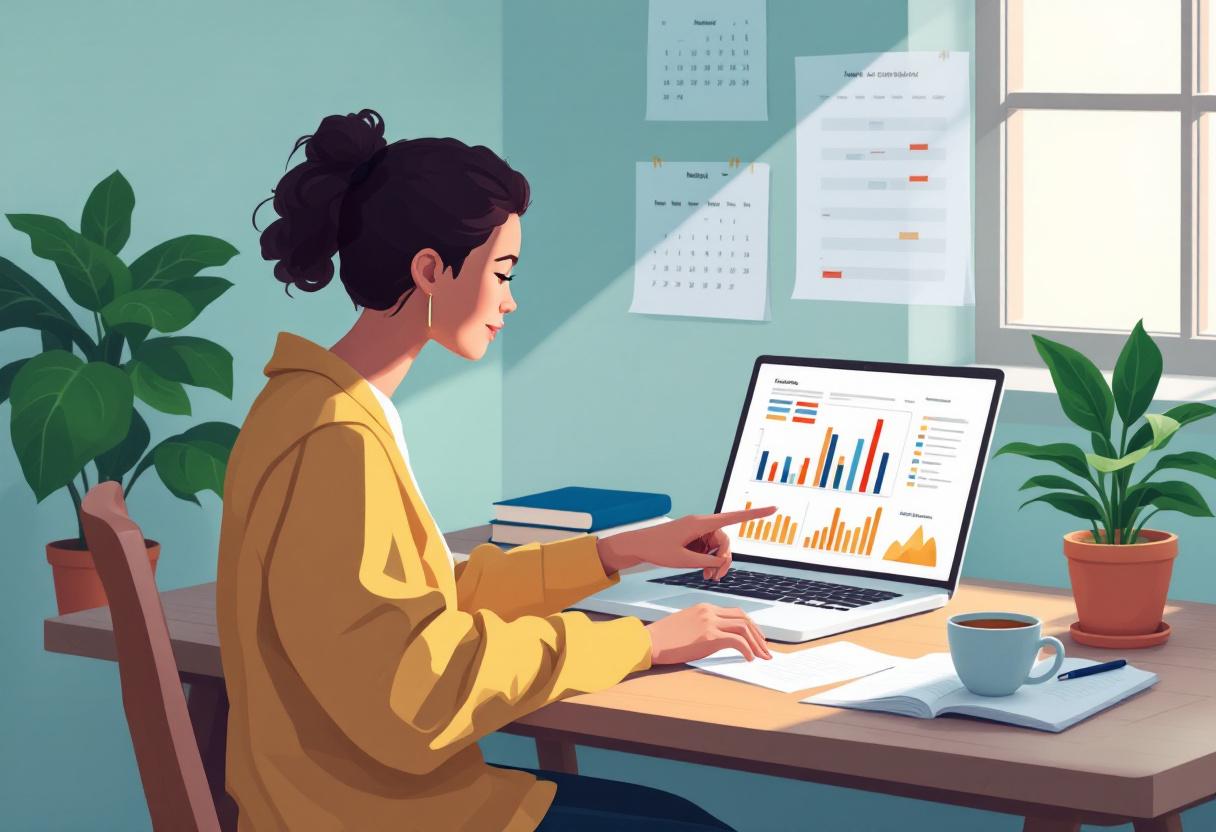 Человек анализирует финансовые документы за столом, составляя план на год.