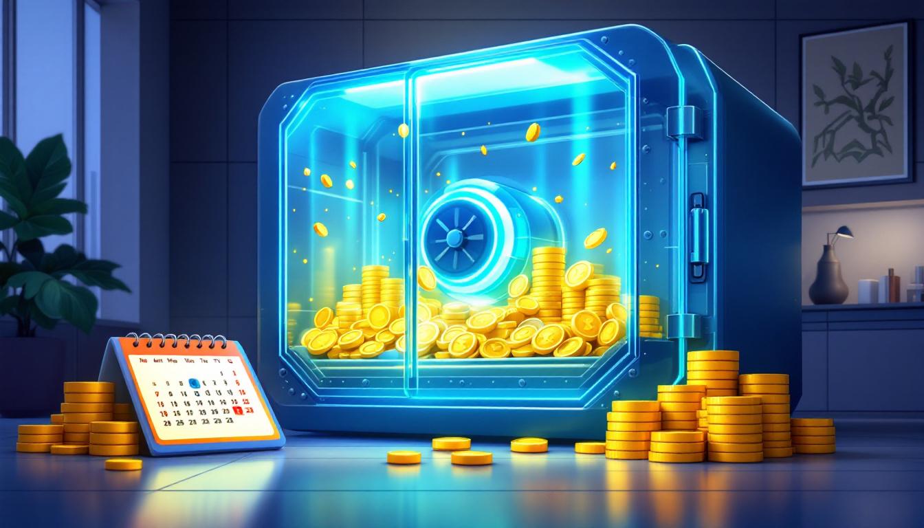 Прозрачный сейф с золотыми монетами в современном офисе рядом с годовым планом, символизирующий резервный фонд.