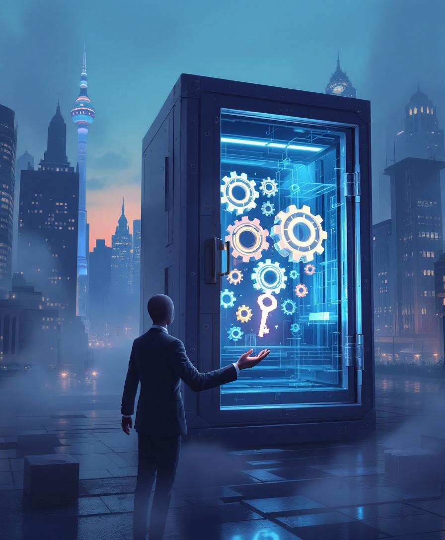 Футуристический банковский сейф с символами альтернативной оценки кредитоспособности в абстрактном городе.