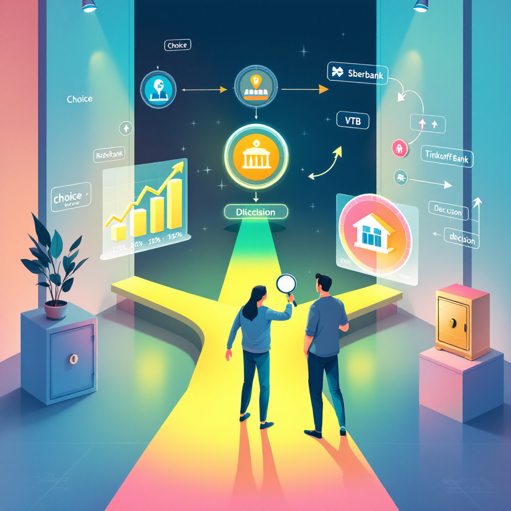 Схематичное изображение процесса оформления займа с выбором финансовых организаций и сравнением условий.