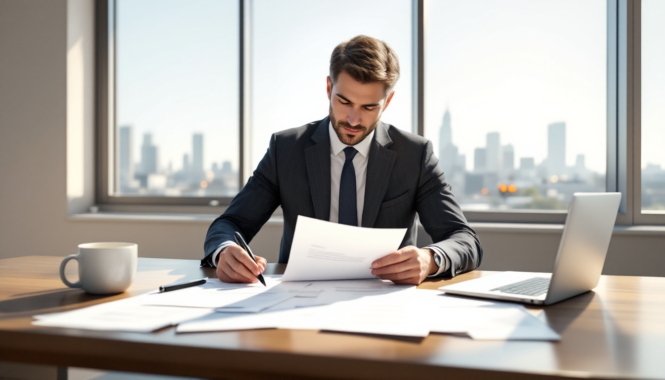 Деловой человек за рабочим столом тщательно готовит документы для заявки.