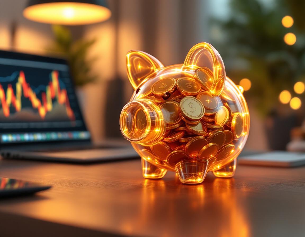 Символическое изображение накопления денег в виде светящейся копилки с монетами на рабочем столе.