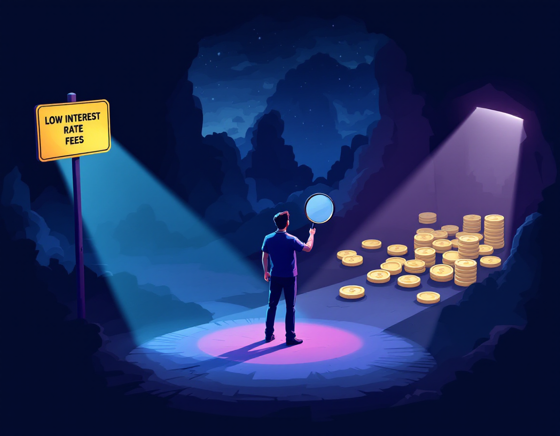 Человек на перепутье выбирает между скрытыми комиссиями и прозрачными процентными ставками в финансовом пейзаже.