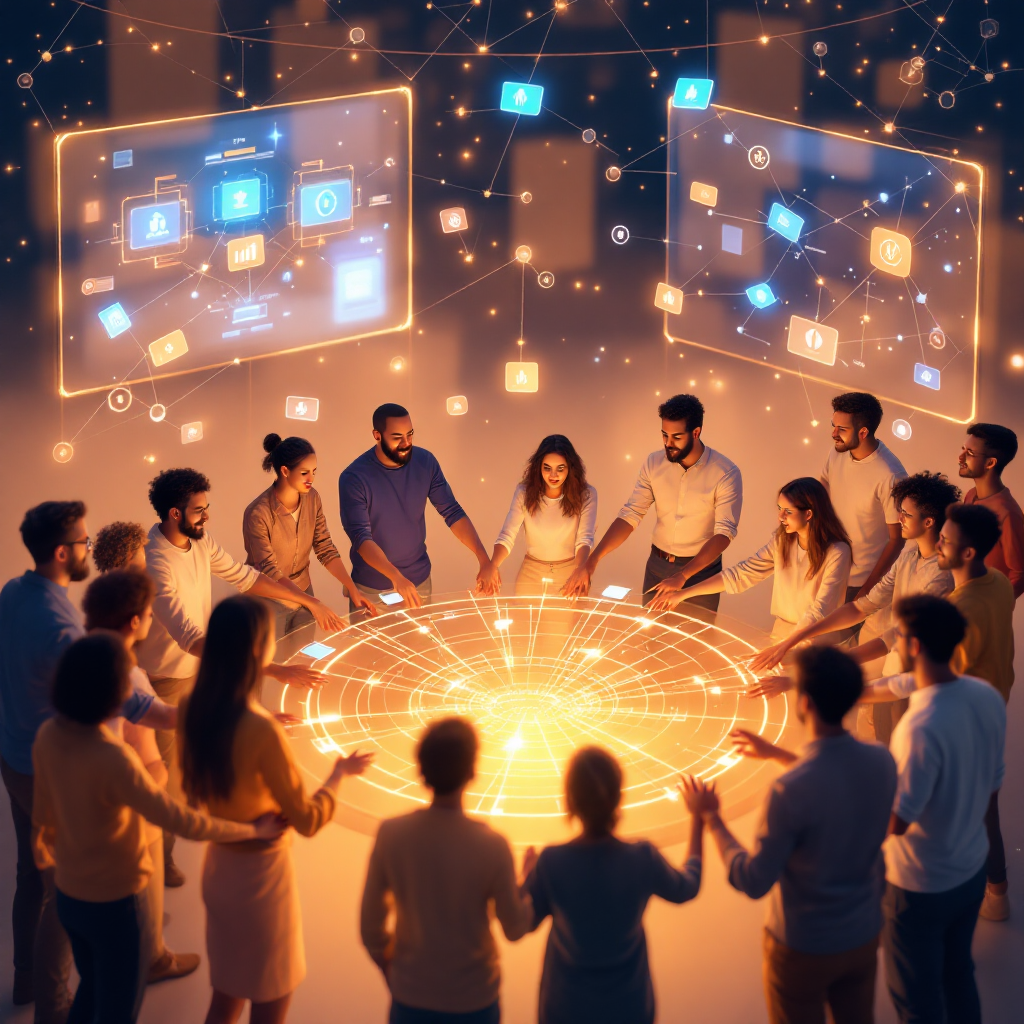 Люди взаимодействуют в современном пространстве, символизируя альтернативное финансирование через кооперативы и P2P-платформы.