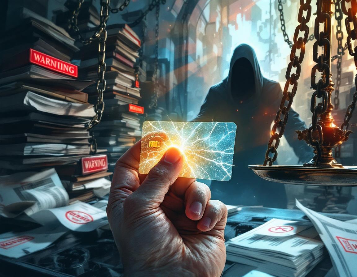 Символическое изображение руки, держащей треснувшую кредитную карту на фоне юридических документов, передающее риски заимствования.