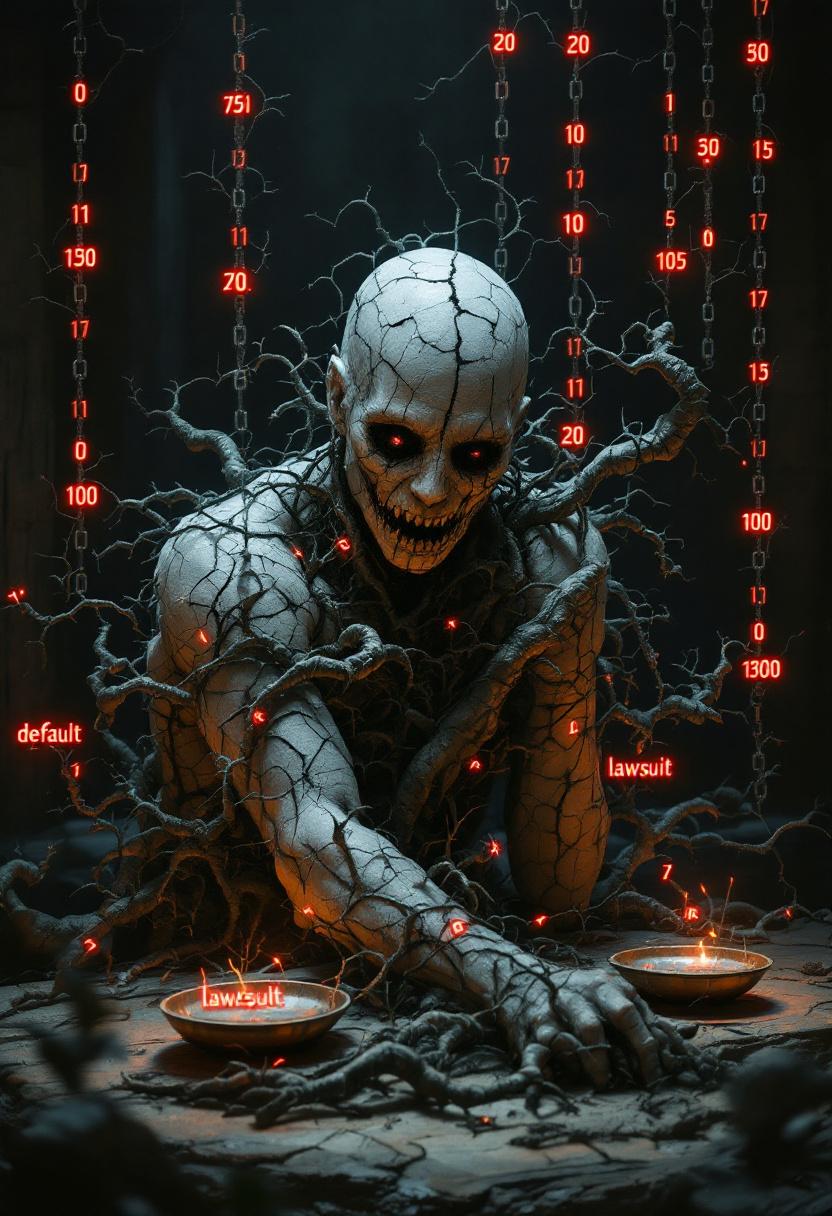 Символическое изображение человека, опутанного долгами и юридическими последствиями в мрачной обстановке.