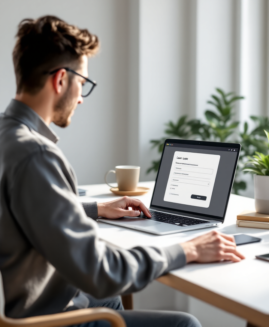 Человек заполняет онлайн-заявку на займ за ноутбуком в уютной обстановке