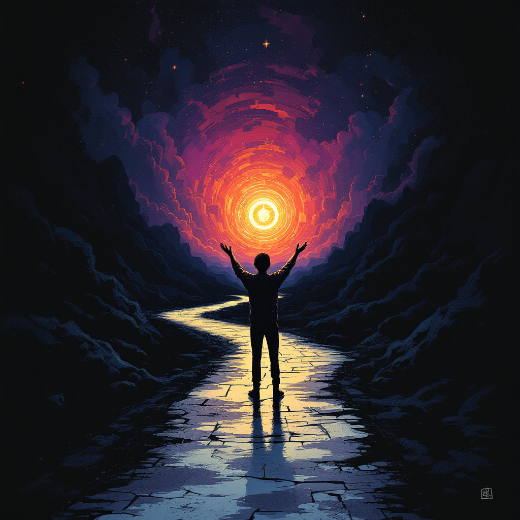 Человек на перепутье с монетой и контрактом, символизирующий риски бесплатных займов.