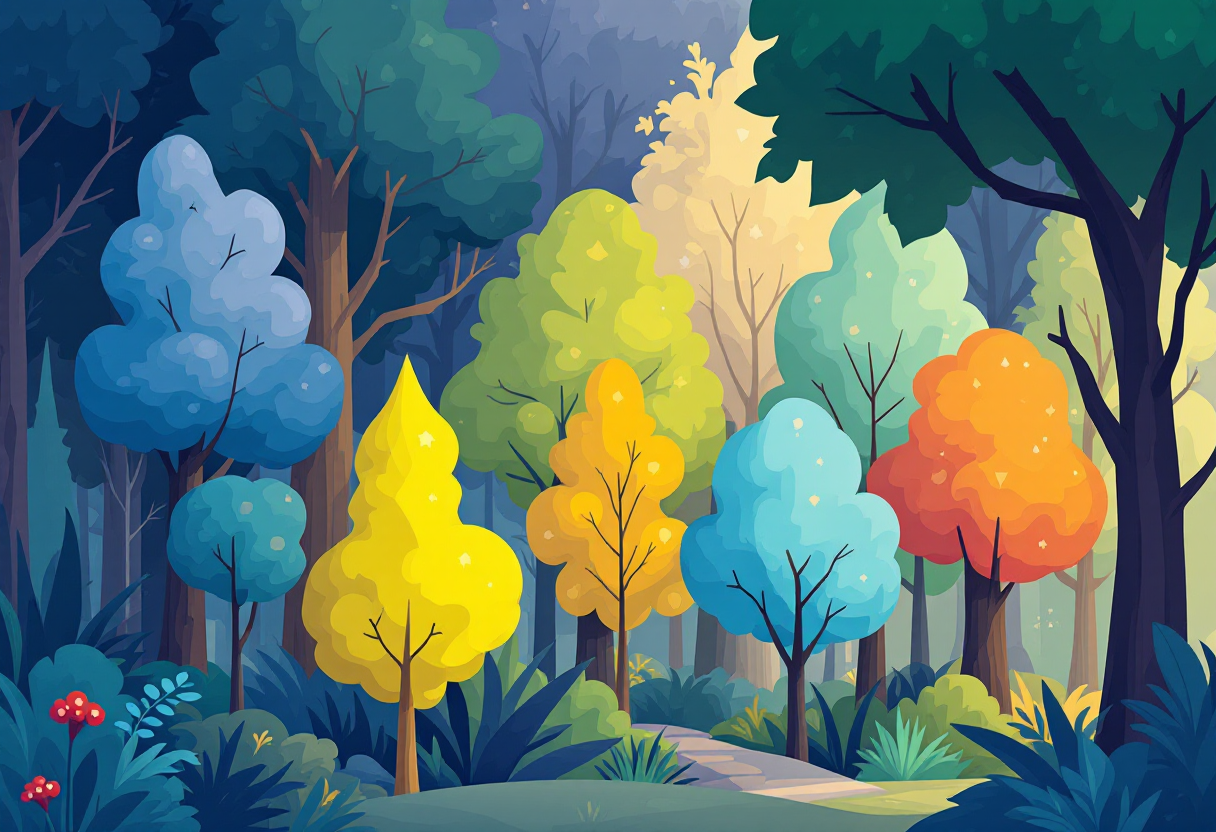 Абстрактный лес с разнообразными деревьями, символизирующими сравнение предложений МФО