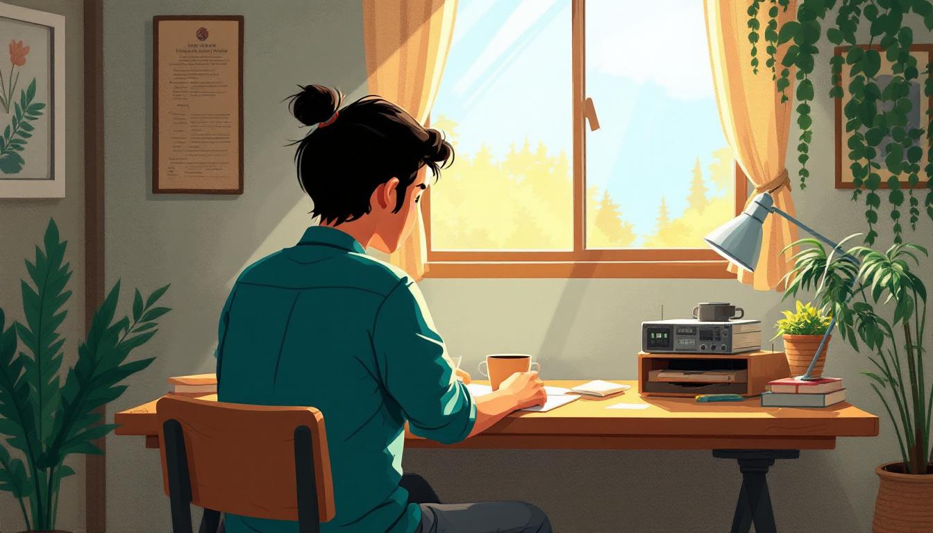 Человек за столом с символами финансового планирования и парящим абакусом