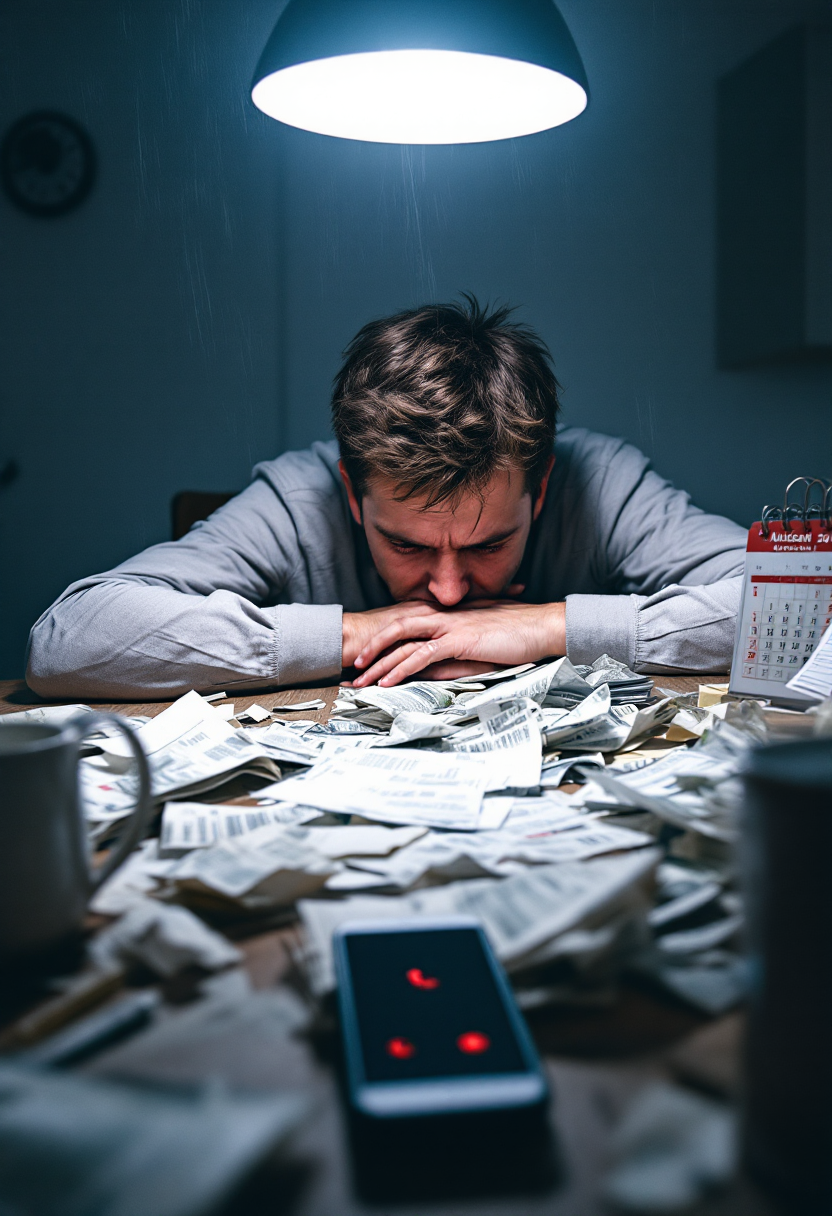 Человек в стрессе за столом с разбросанными счетами и телефоном с пропущенными звонками