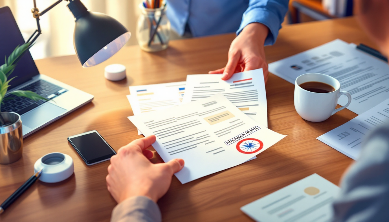 Руки человека, упорядочивающие документы для займа на столе в уютном офисе