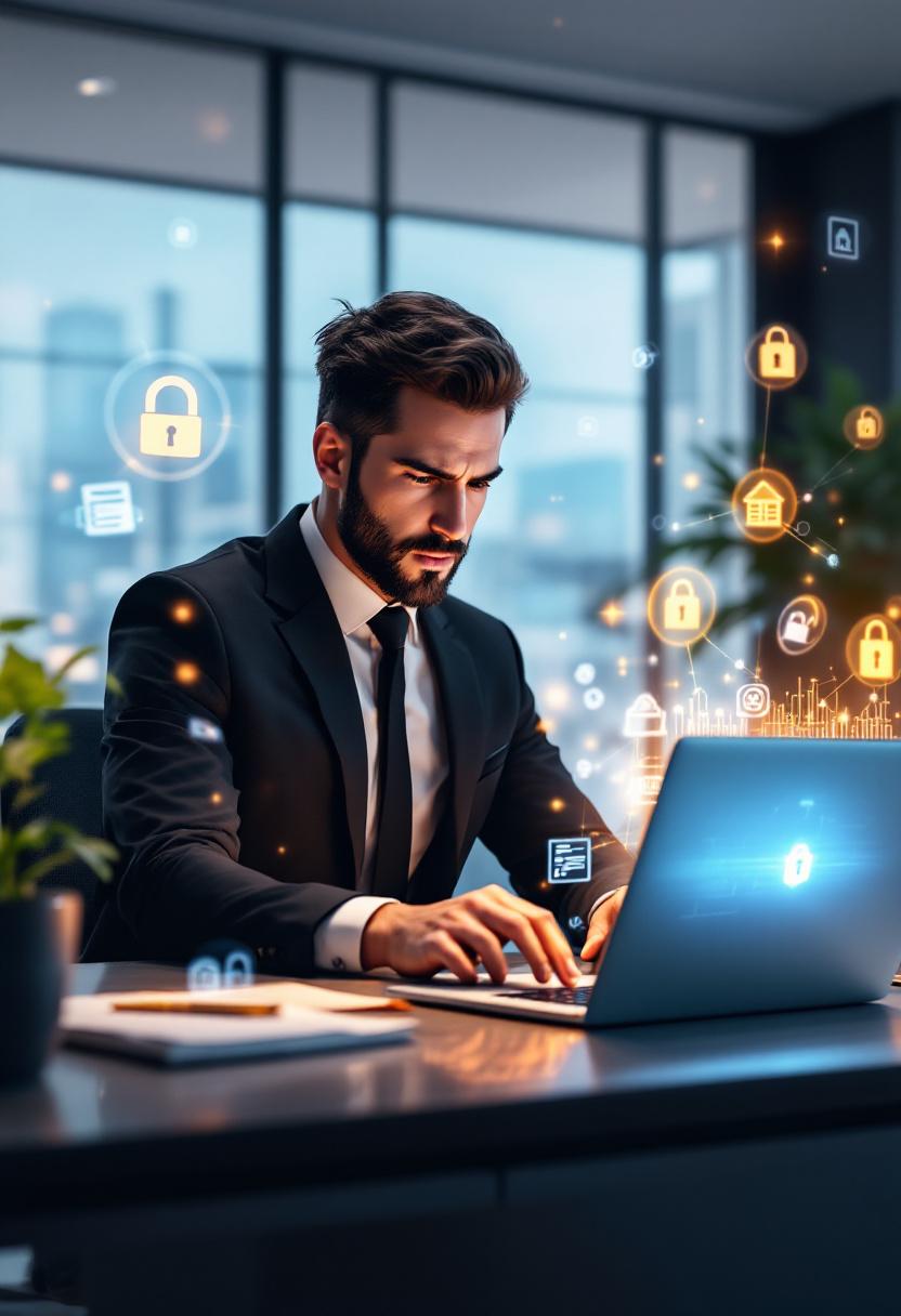 Риэлтор подаёт онлайн-заявку на микрозайм через ноутбук в современном офисе.