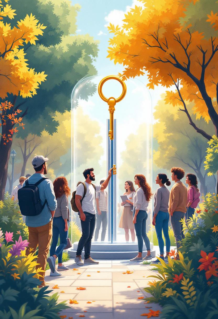 Люди в парке символически демонстрируют финансовые выгоды: доступ к средствам, рост инвестиций, простоту и прозрачность процессов.