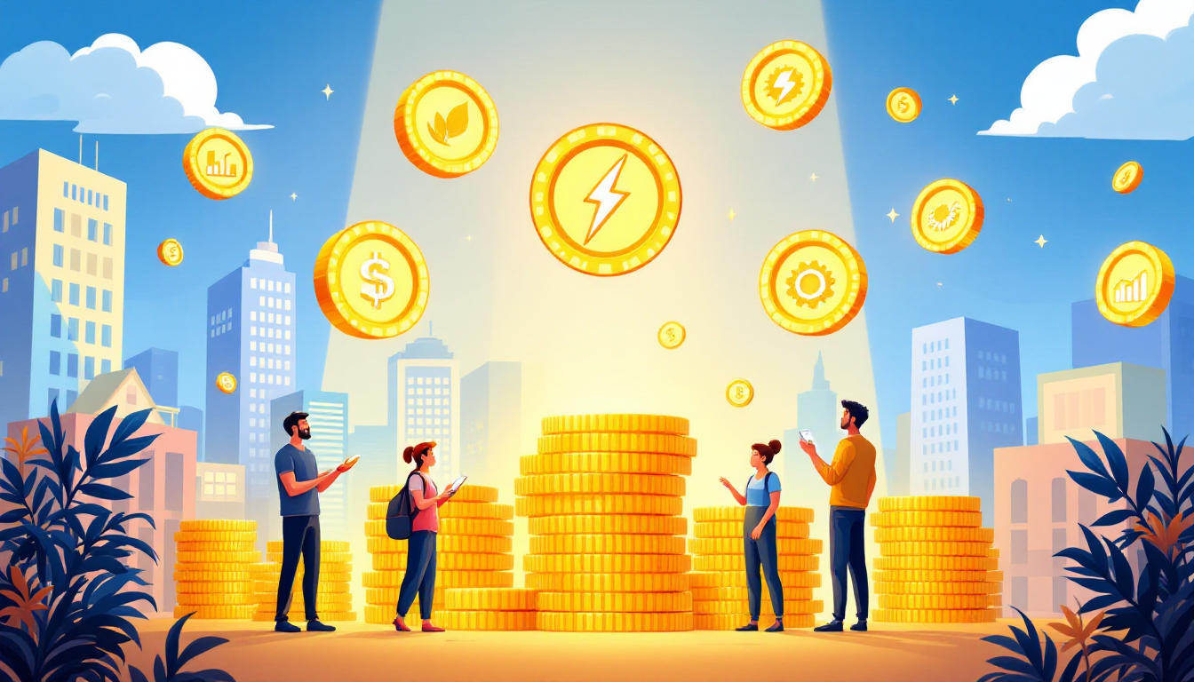 Сравнение предложений микрофинансовых организаций в виде разноцветных монет с символами выгодных условий в оживлённой сцене рынка.