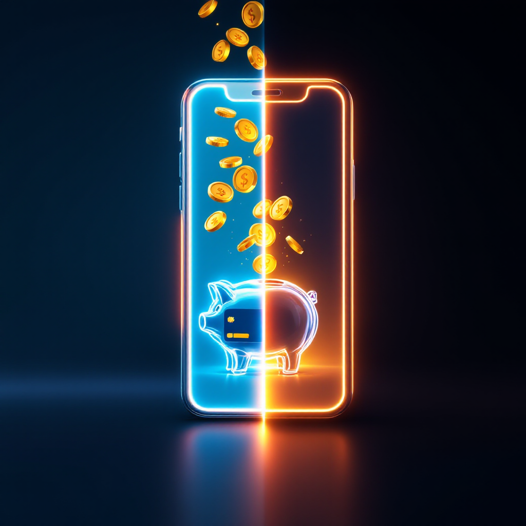 Смартфон с кредитной картой, окруженный символами выгоды и риска беспроцентных займов