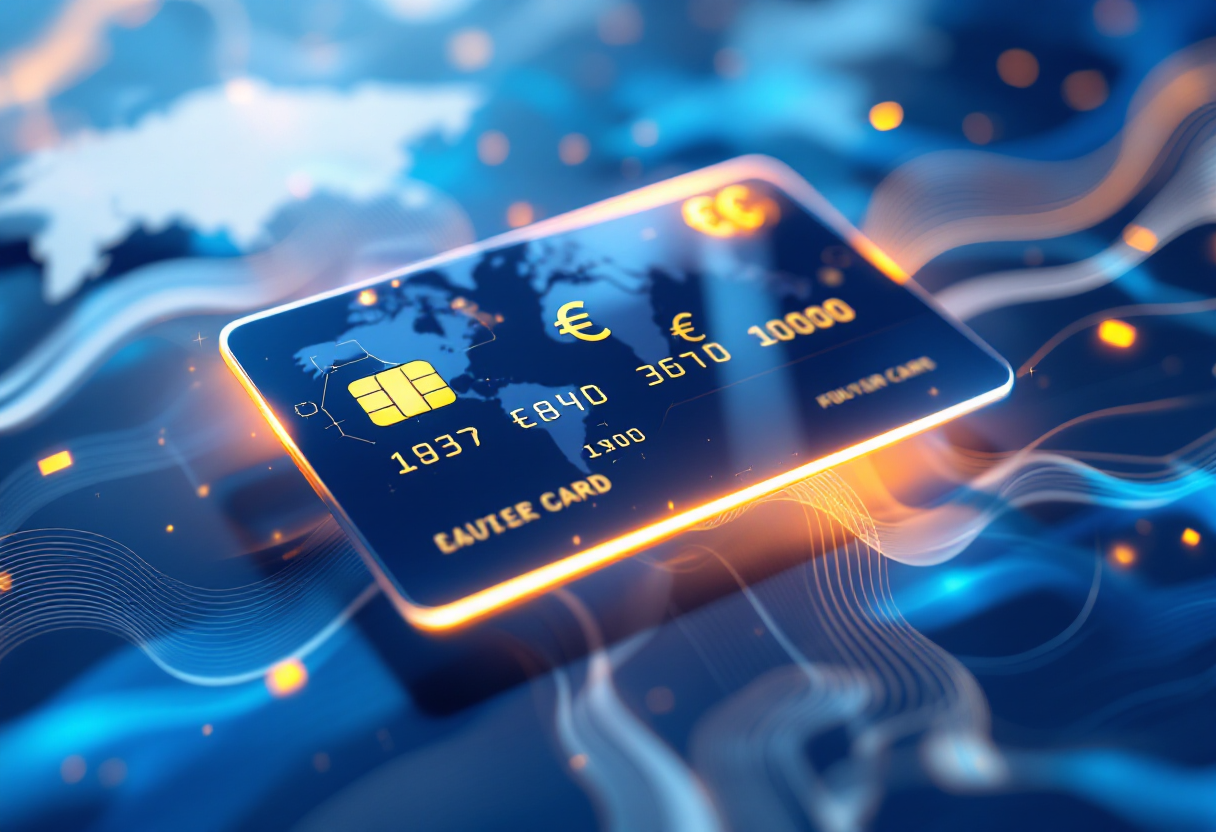 Стилизованное изображение мультивалютной дебетовой карты с символами валют на фоне глобальной карты.