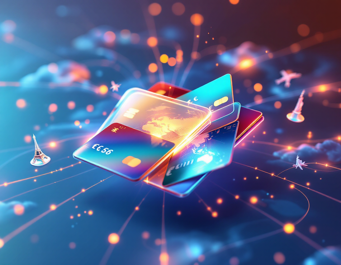 Современный кошелёк с мультивалютными картами в глобальном окружении, символизирующий удобство международных финансов.