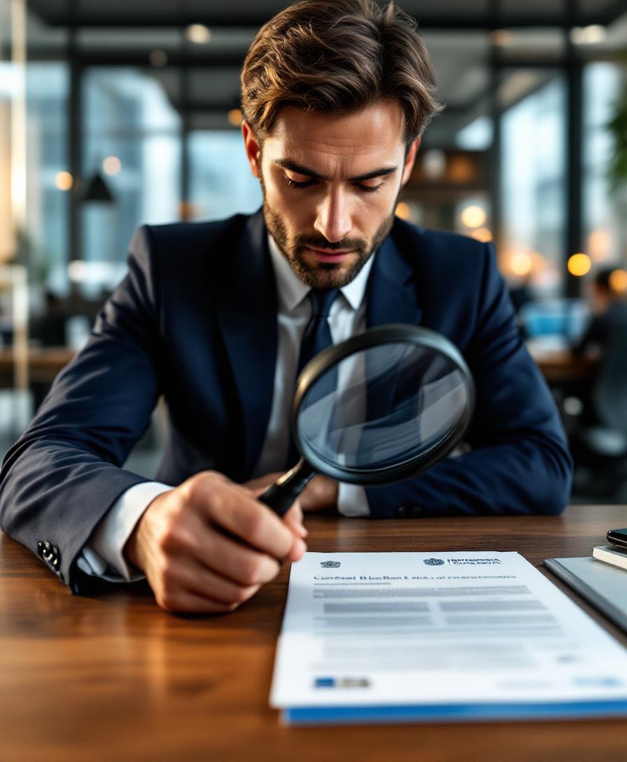 Бизнесмен проверяет документ с эмблемой ЦБ РФ в надежном офисе