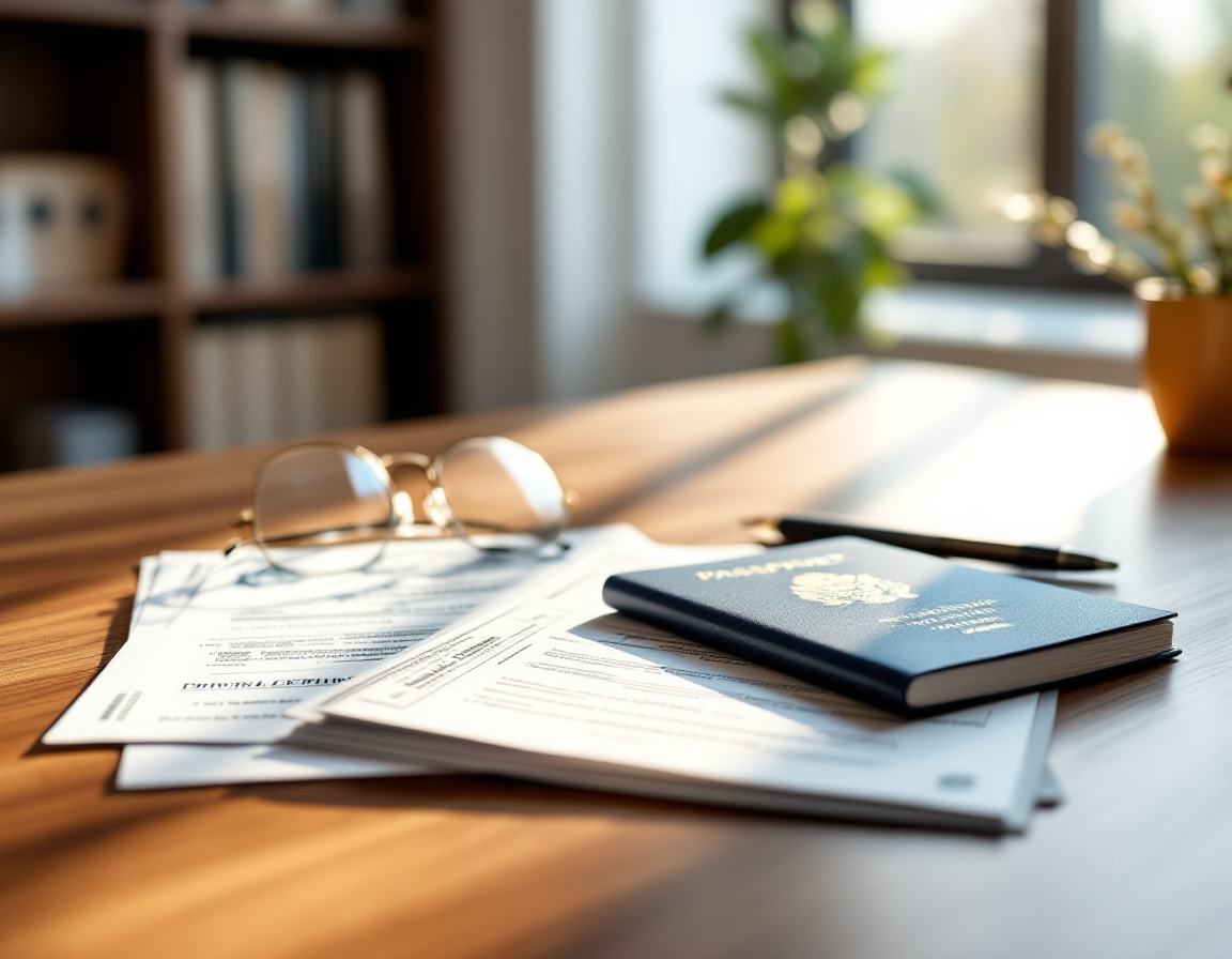 Аккуратно организованный стол с паспортом, водительскими правами и официальными документами в современном офисе.