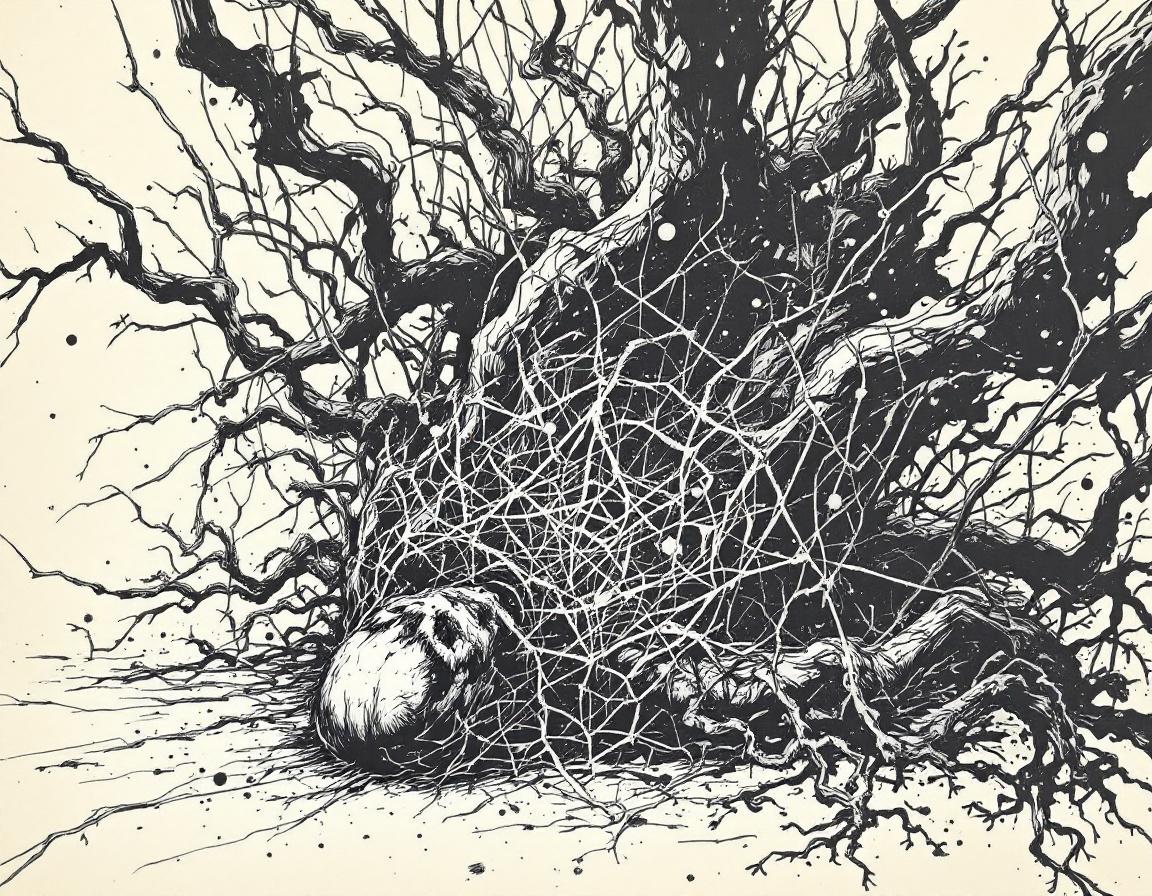 Человек в паутине из документов перед зданием МФО с весами правосудия и щитом закона, символизирующая риски микрозаймов