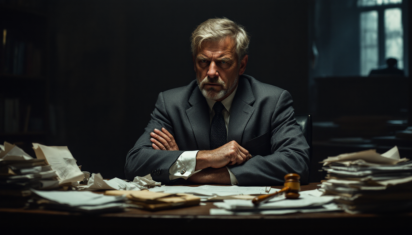 Человек в деловом костюме выглядит подавленным в кабинете с юридическими документами, символизируя последствия невыплаты займа.