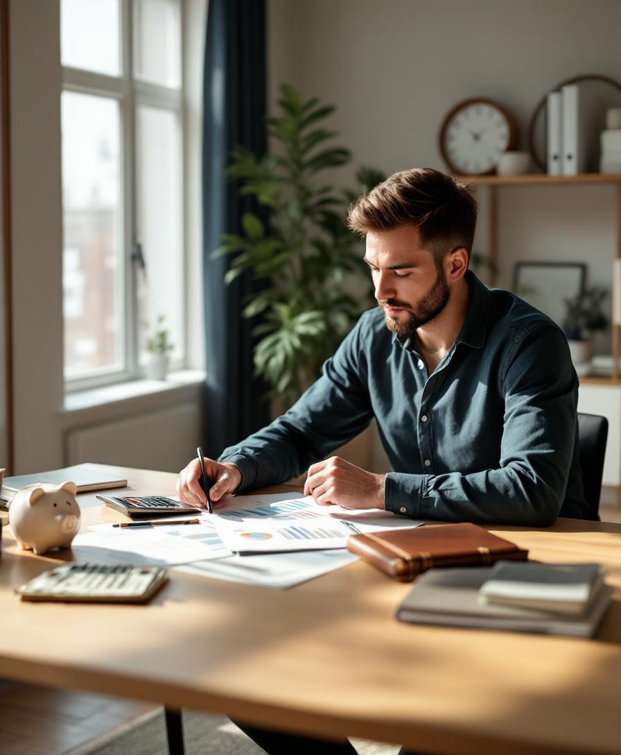 Человек планирует финансы за столом с калькулятором и заметками, демонстрируя подготовку к займу.