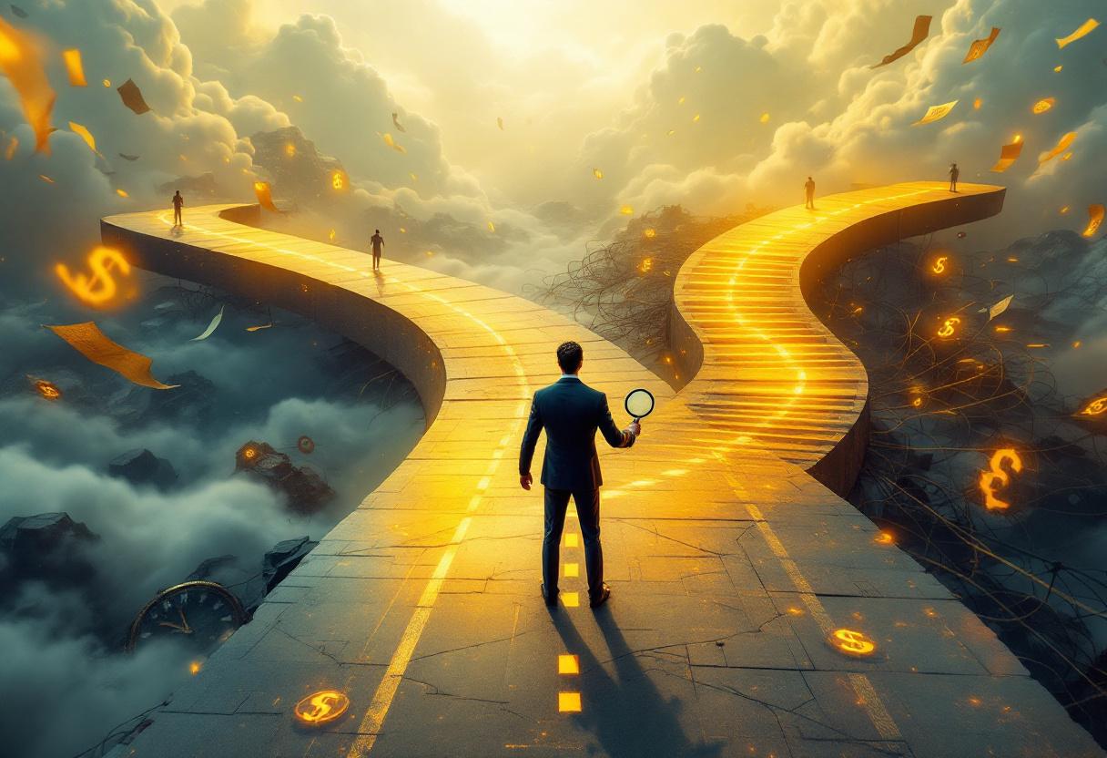 Бизнесмен сравнивает условия сотрудничества с разными брокерами на перекрёстке путей.