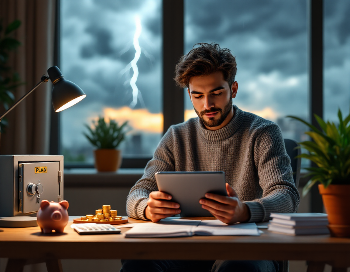 Человек планирует финансы в уютном кабинете, символизируя безопасность и рост вопреки внешней нестабильности.