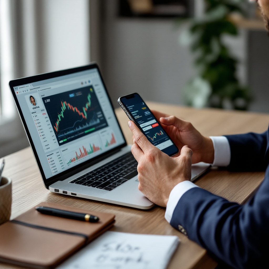 Человек за рабочим столом изучает торговое приложение на смартфоне и финансовые графики на ноутбуке.