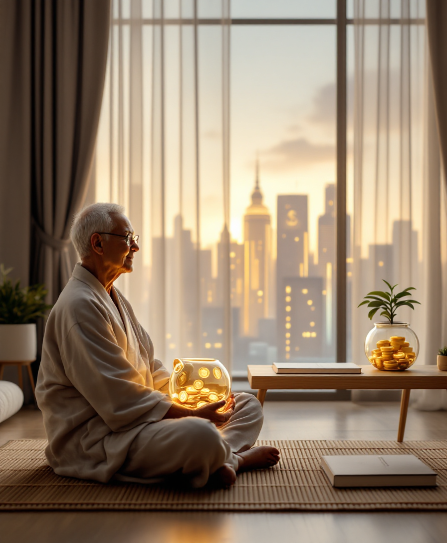 Человек в спокойной позе держит прозрачную копилку с монетами, символизируя осознанное отношение к финансам.