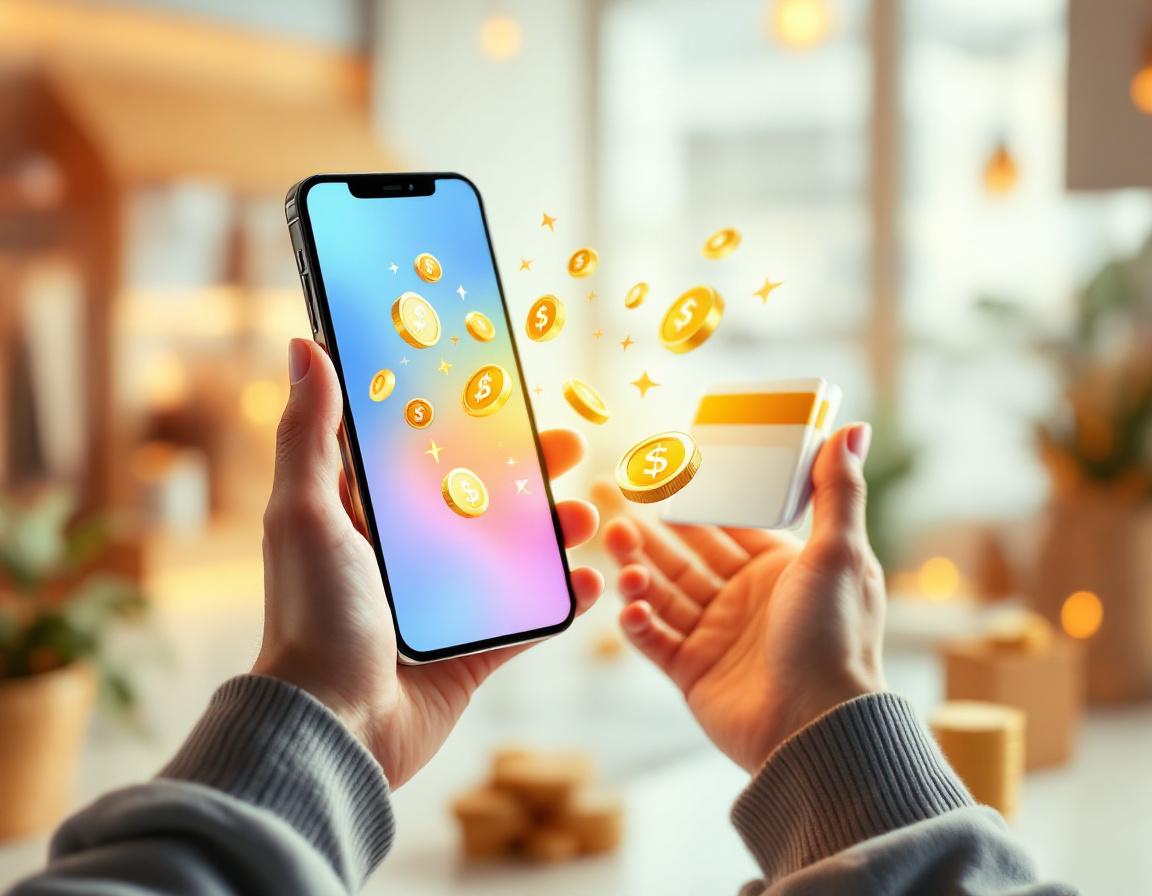 Смартфон с приложением, показывающим возврат денег в виде монет и стрелок, символизирующий кэшбэк.