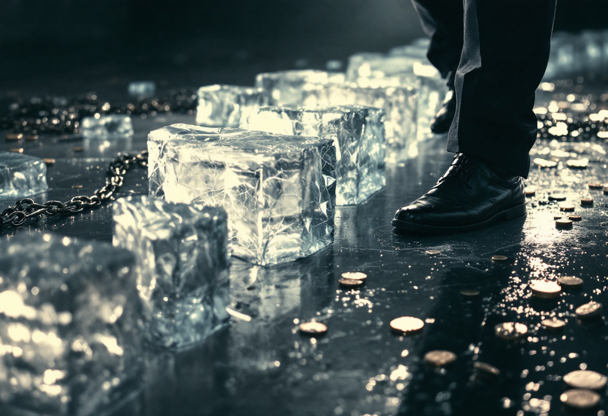 Человек преодолевает прозрачные барьеры, символизируя борьбу со страхами и долгами.