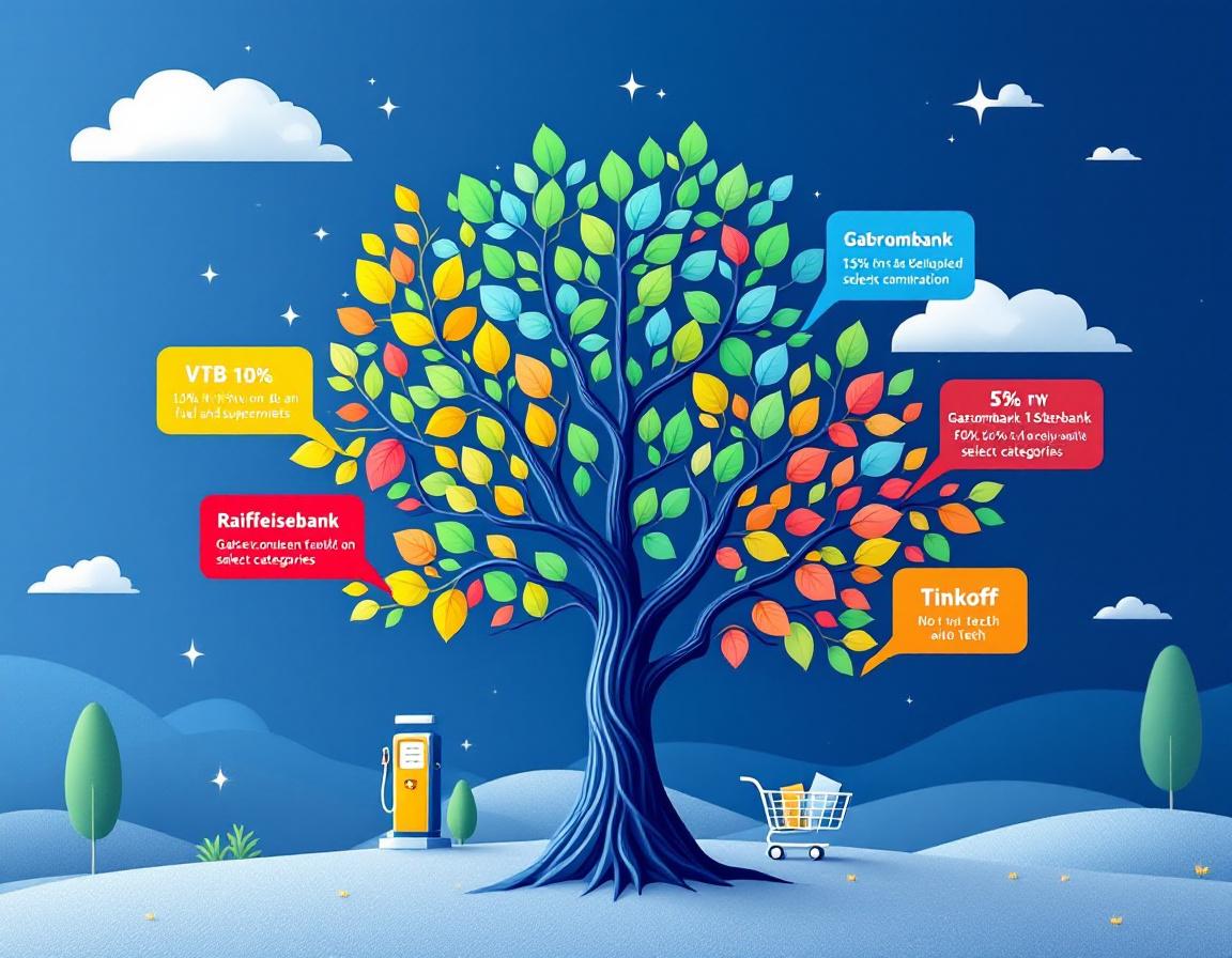 Абстрактное дерево с ветвями, символизирующими сравнение программ возврата денег крупных банков.
