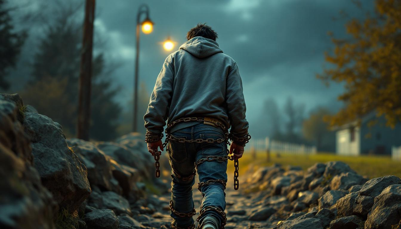 Человек, обременённый цепями долгов, тщетно пытается достичь финансовой свободы.