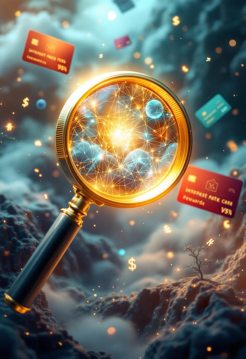 Сравнение ключевых параметров кредитных карт через увеличительное стекло в абстрактной среде