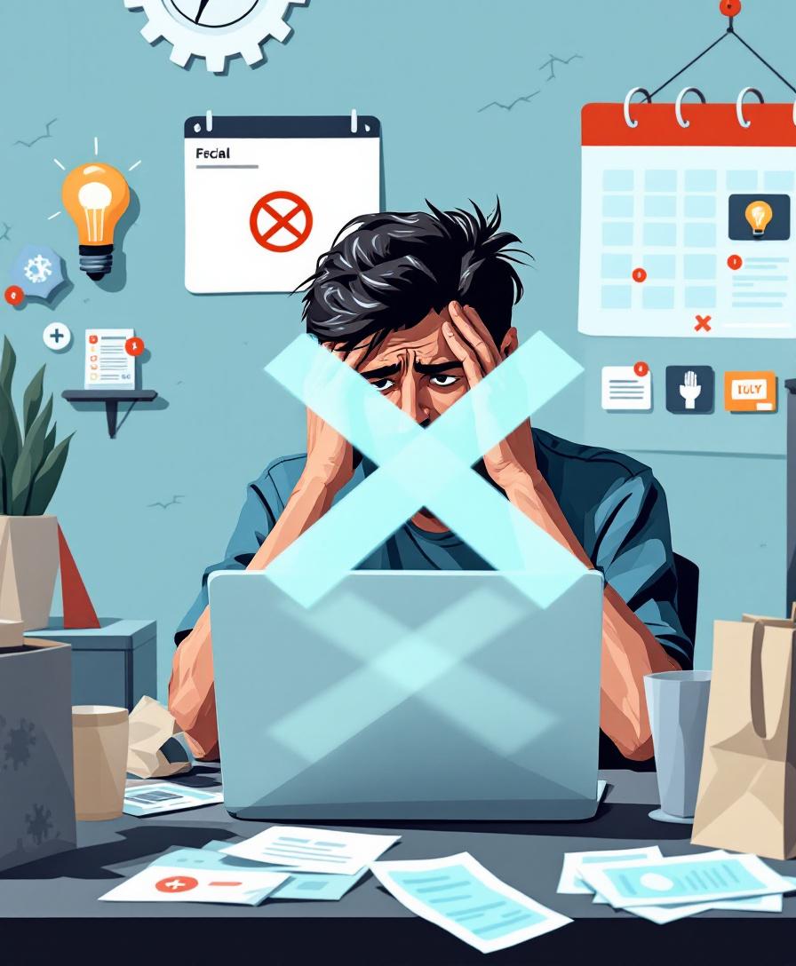 Человек за столом с ноутбуком, где отображается отказ в кэшбэке, окруженный символами исключенных категорий покупок.