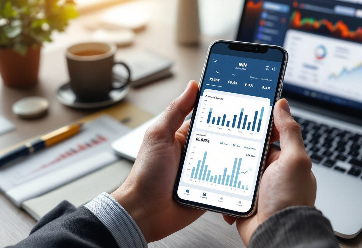 Руки анализируют инвестиционный фонд на смартфоне в офисе с документами.