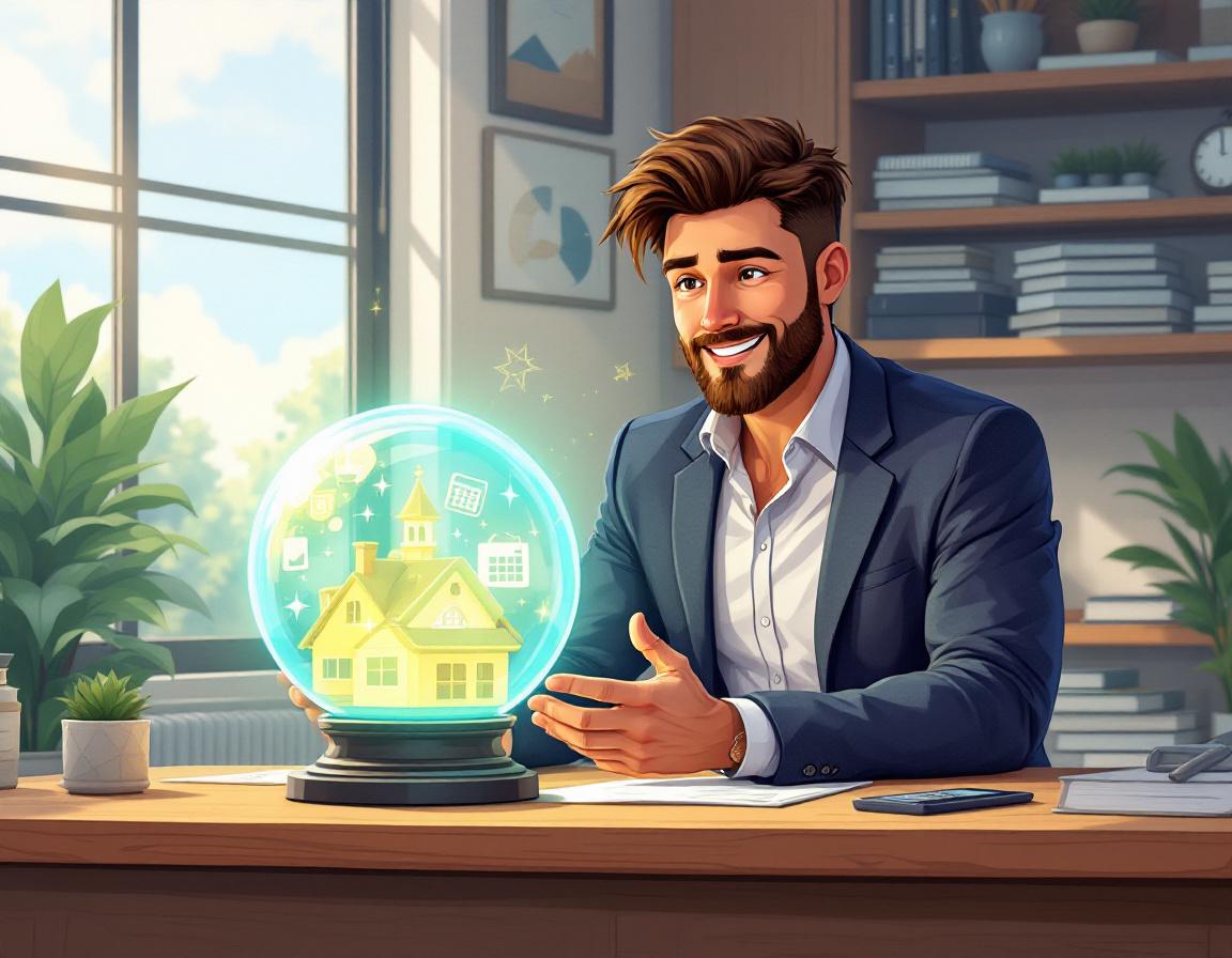 Финансовый консультант с кристальным шаром, символизирующим ответы на вопросы о рефинансировании.