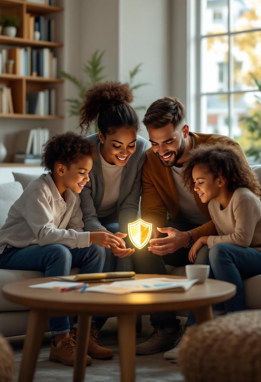 Семья за обсуждением финансового плана, символизирующего защиту и накопление