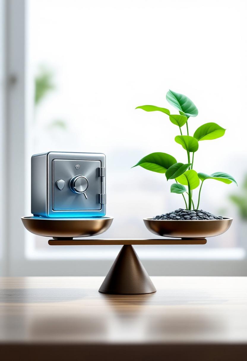 Весы с сейфом и растущим растением в офисе, символизирующие баланс защиты и инвестиций