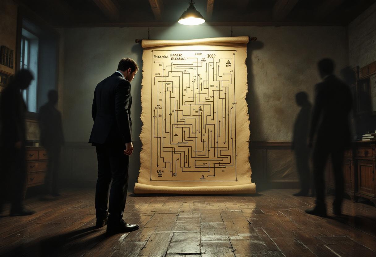 Человек изучает сложную финансовую схему с подводными камнями, символизирующую риски инвестиционного страхования жизни.