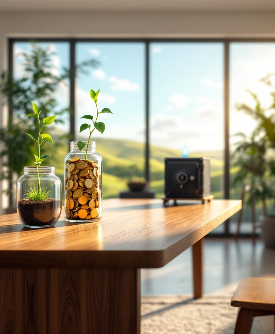 Сравнение двух видов страхования жизни: инвестиционное и накопительное, символически изображённое в домашнем офисе.