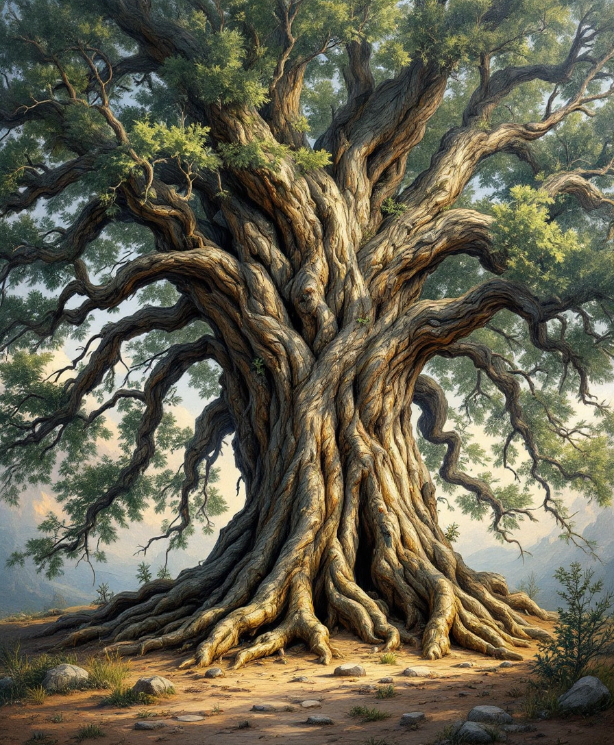 Дуб с глубокими корнями, символизирующий российскую пенсионную систему, с людьми разных возрастов, вносящими вклады в виде монет на фоне русского пейзажа.