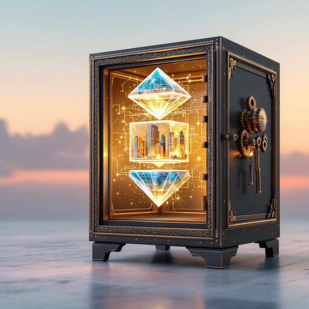 Кристалл инвестиций, растущий из сейфа, символизирующий альтернативные варианты для пенсионного портфеля.