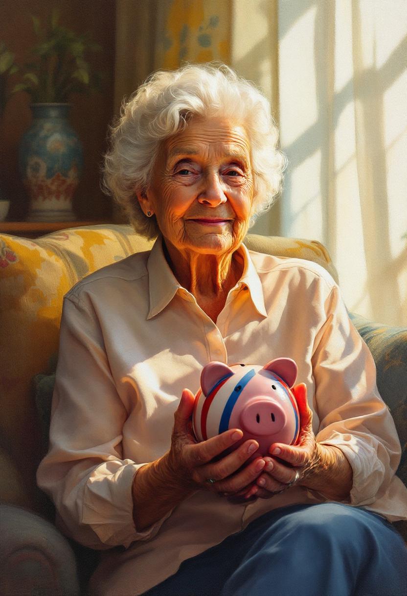 Пожилой человек в уютной комнате держит копилку в цветах российского флага на фоне механизмов, символизирующих пенсионную систему.