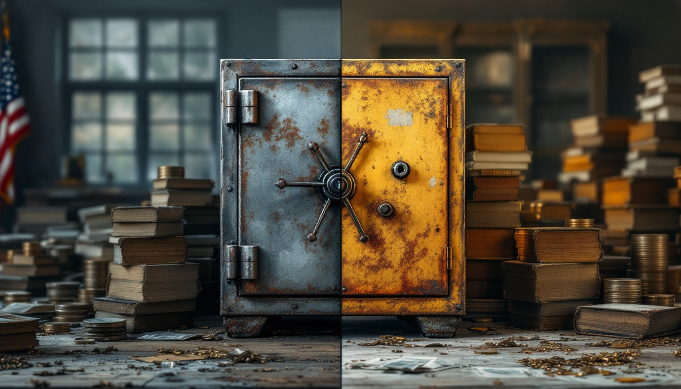 Символическое изображение выбора между государственной и негосударственной пенсионными системами.