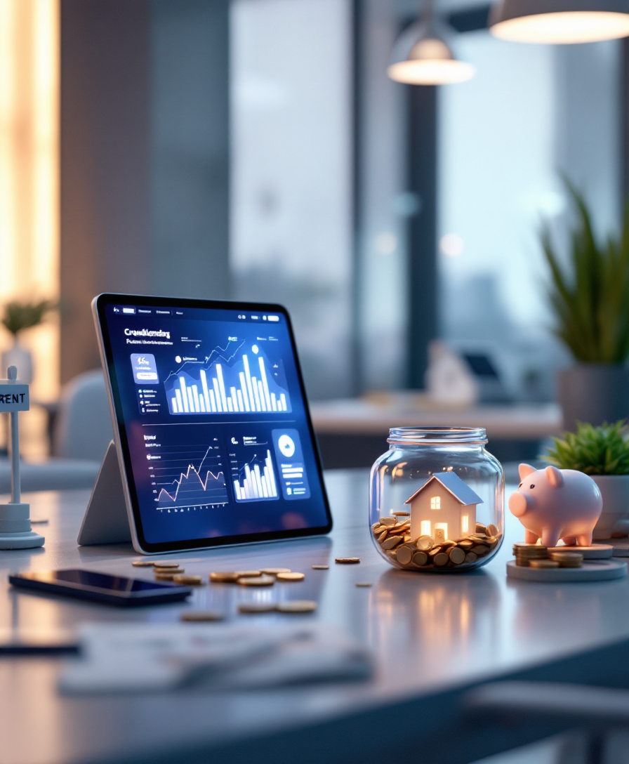 Символическое изображение альтернативных инвестиций: краудлендинг, недвижимость и долгосрочные сбережения в современном офисе.