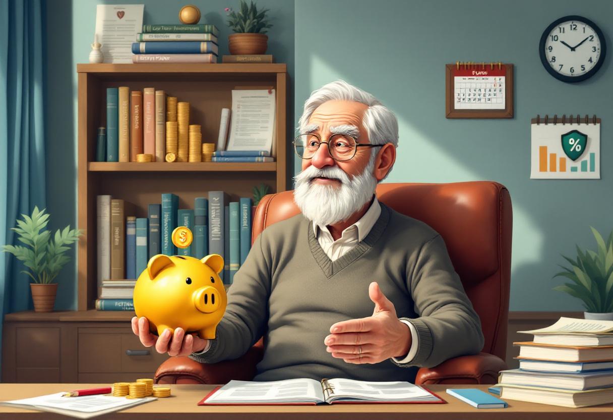 Пожилой человек держит копилку в уютном кабинете, символизируя долгосрочные пенсионные инвестиции.