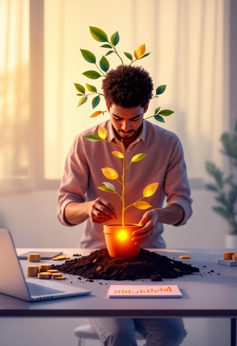 Человек сажает светящееся семя в горшок, из которого вырастает дерево из золотых монет, символизирующее рост инвестиций.